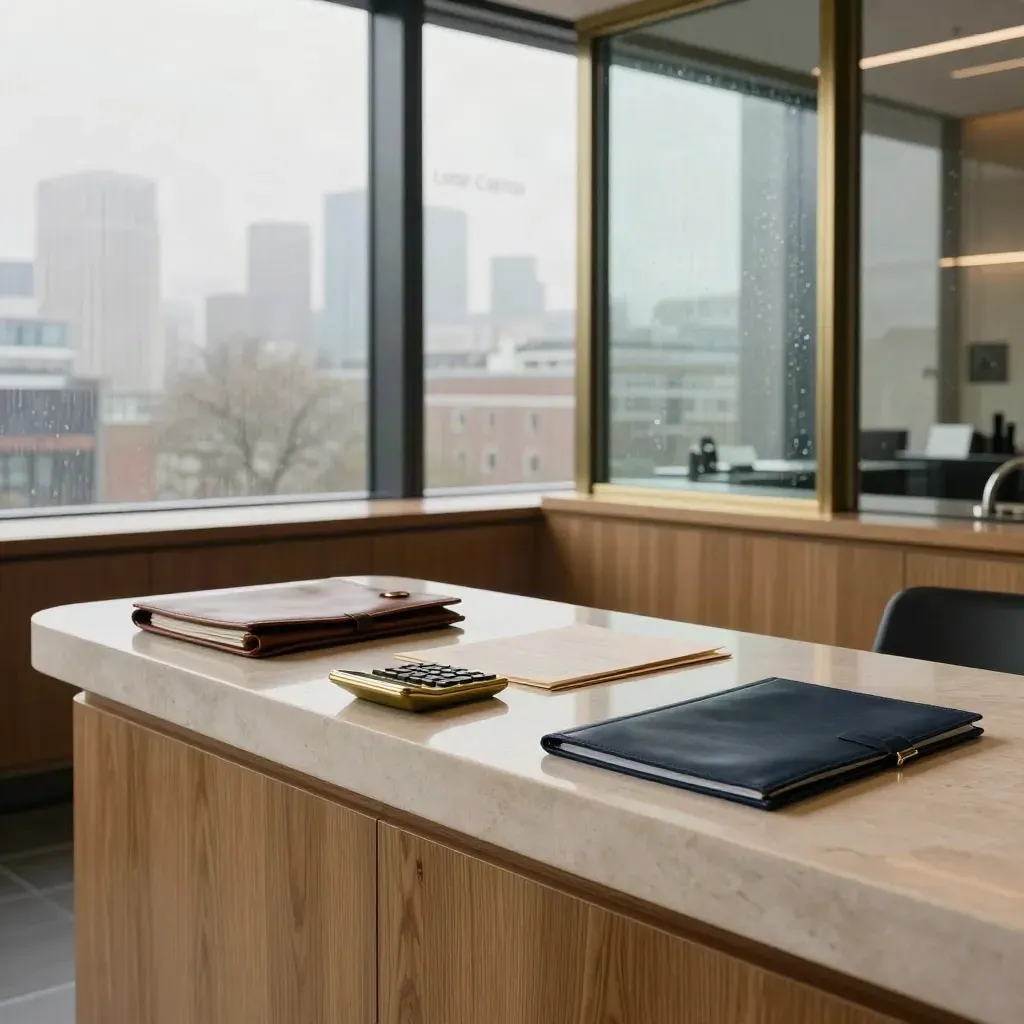 Glass advisory lounge with finance objects and misty London skyline at dawn.