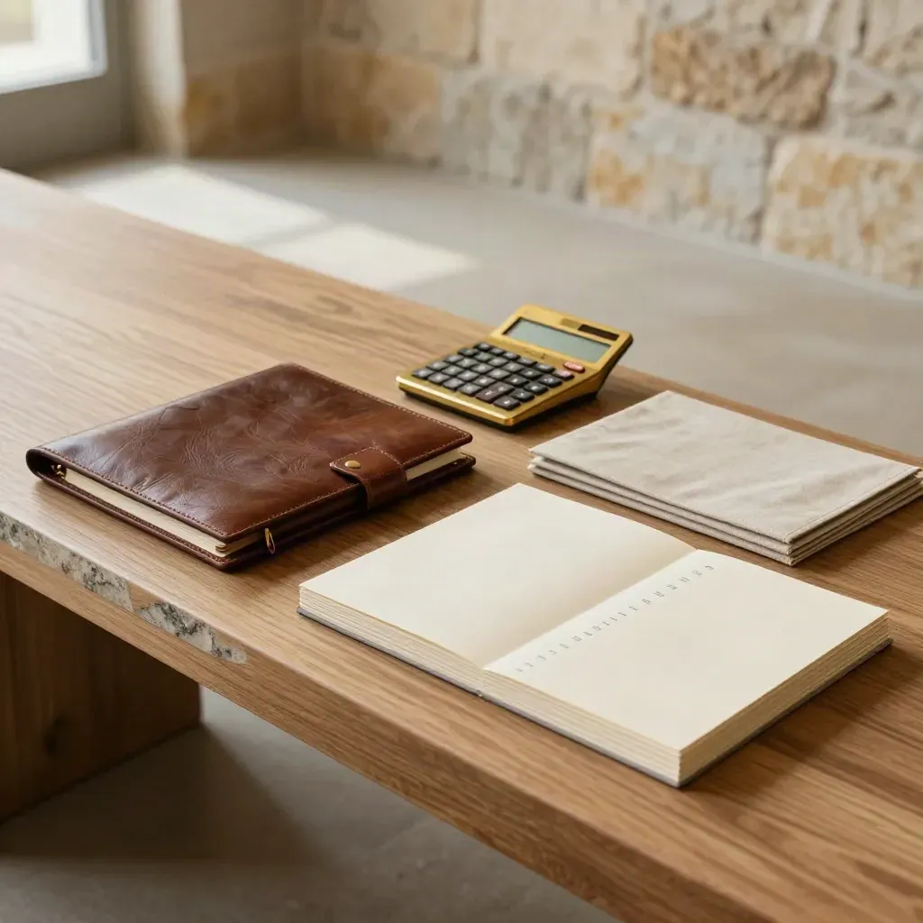 Stone advisory lounge still life with leather folio, brass calculator and sample folders on ashwood.