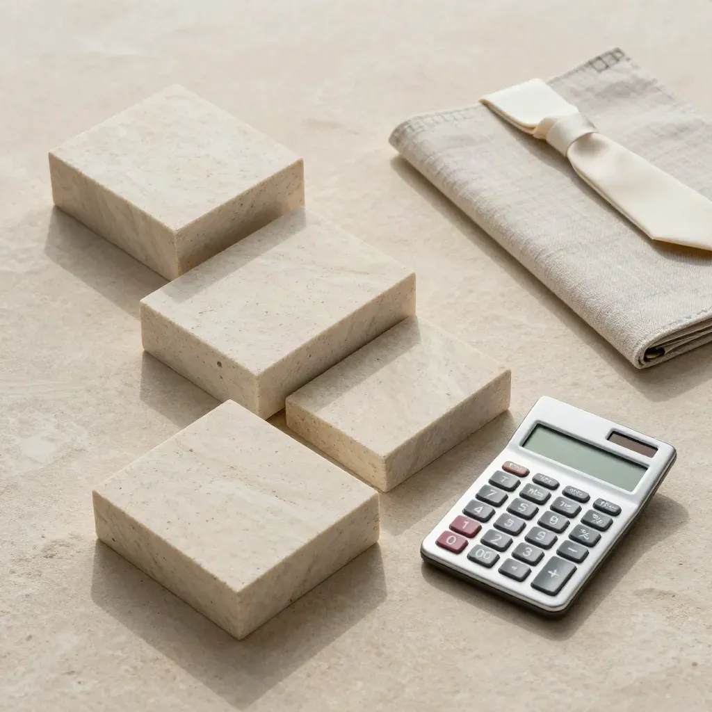 Top-down finance still life with travertine blocks, silver calculator, and linen folder.
