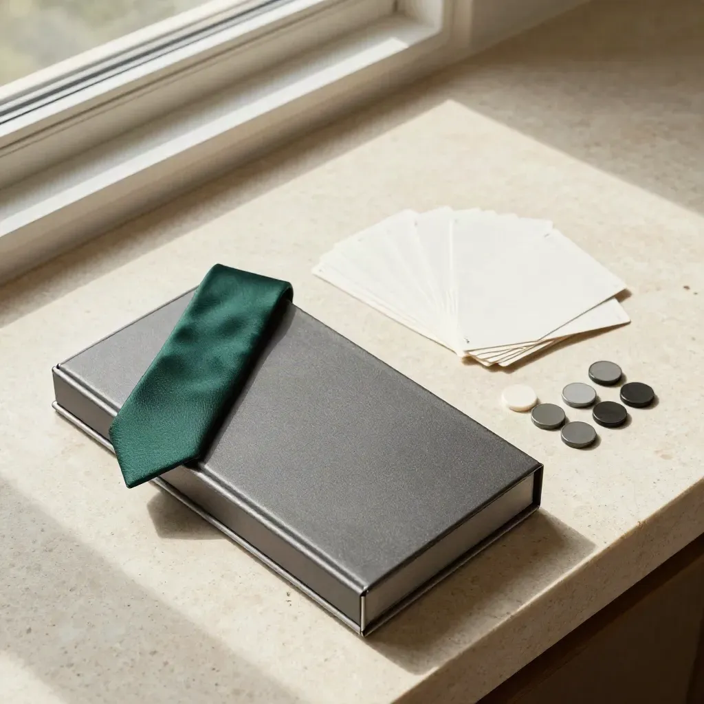 Investor pack, demo box, pitch folio and target tokens on travertine in warm daylight.