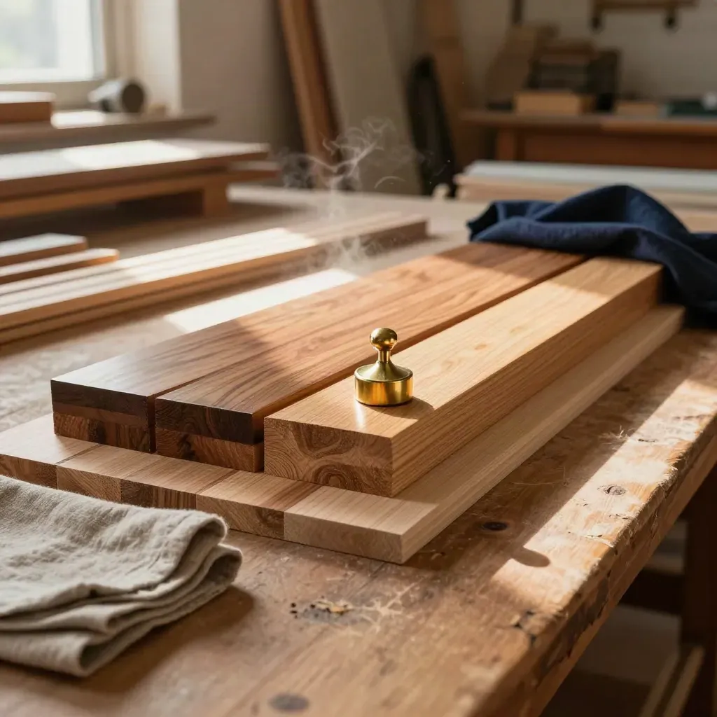 Workshop bench with graded hardwood pieces, brass weight, and folded cloth in warm afternoon light.