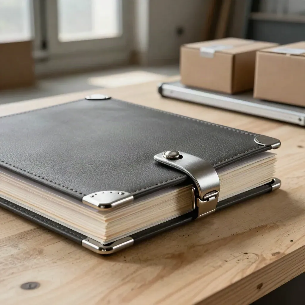 Macro of a leather funding folio, silver clasp and sealed cartons in a warehouse studio.