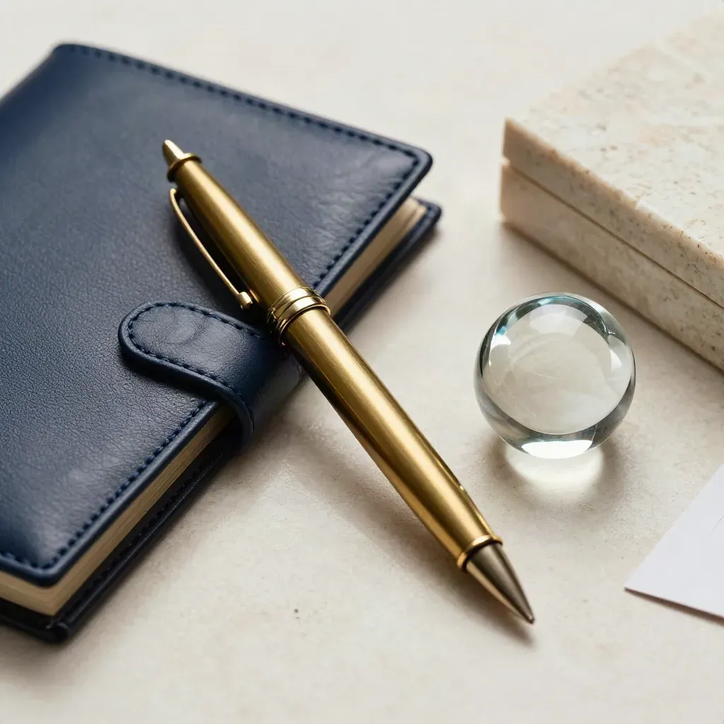 Navy leather portfolio, brass pen, glass paperweight and seal box on stone.