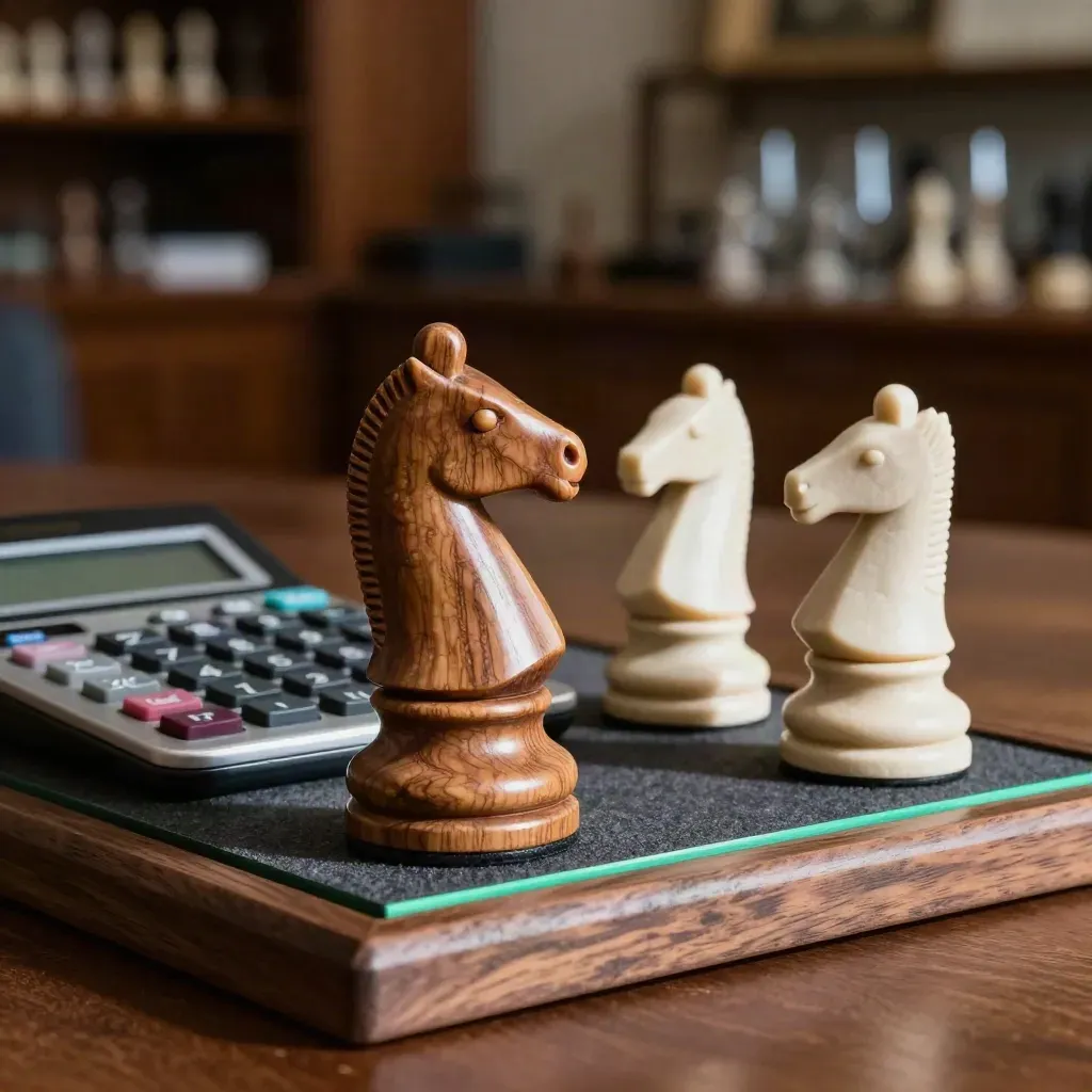 Walnut chess knight, calculator, and stone markers in a tactical finance still life.