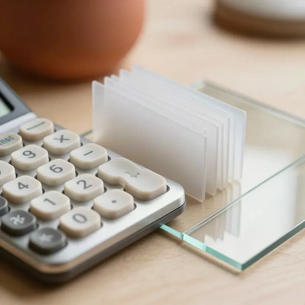 Macro still life of a calculator, translucent tabs and glass on pale wood under soft daylight.