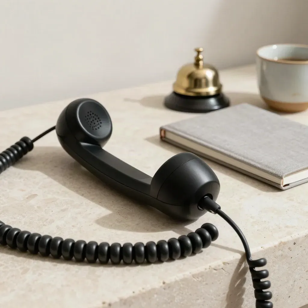 Matte black handset with notebook, call bell and cup on pale stone