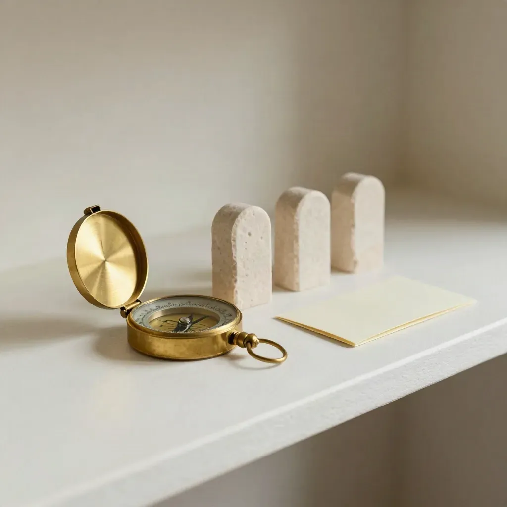 Brass compass, three stone markers and a folded sleeve on a plaster shelf, softly lit.