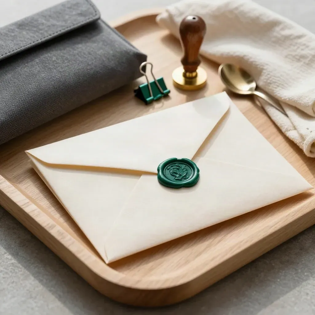 Sealed envelope stack with wax seal kit and courier pouch on a pale wood tray