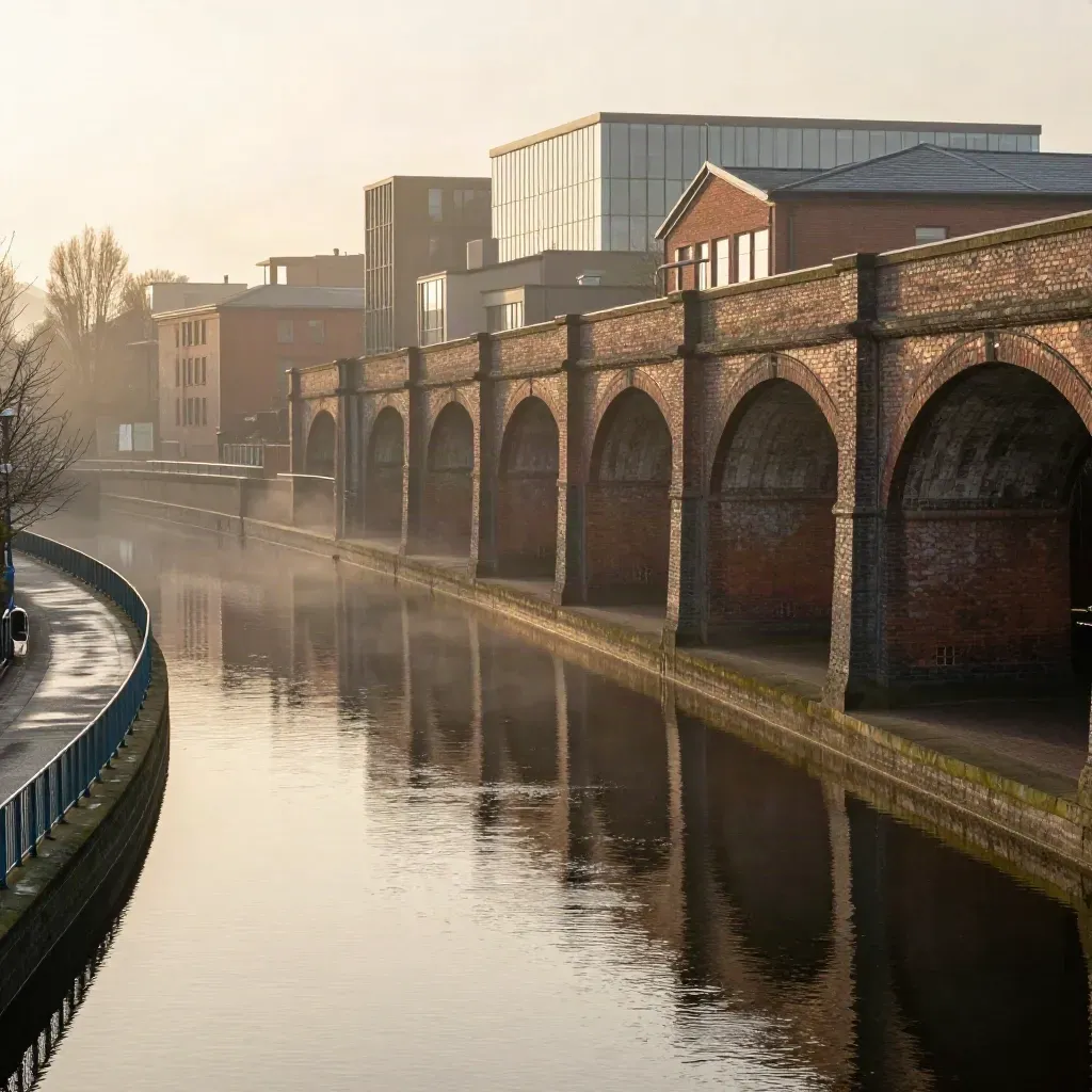 Birmingham canal and brick viaducts at sunrise with warm haze over Midlands rooftops.